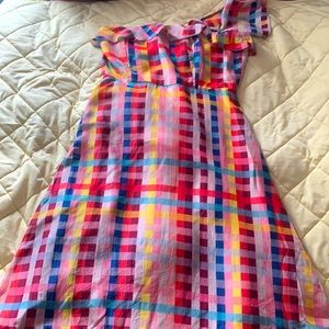 Carolina K plaid off shoulder maxi dress.